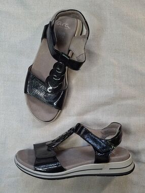 Ara Oregon High Soft Black Patent Leather Sandals EU 36 US 6